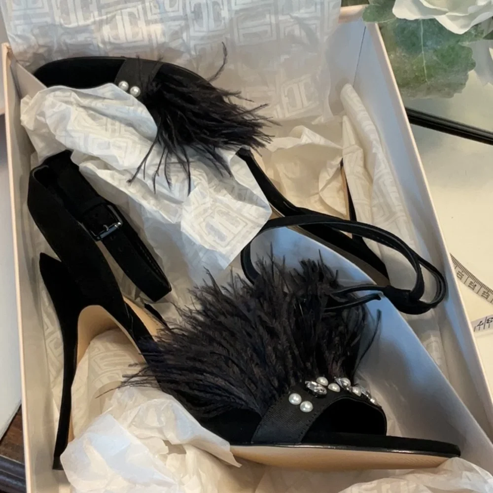 Ivanka Trump Black Stiletto Heels with Feather Embellishments - Picture 4 of 9